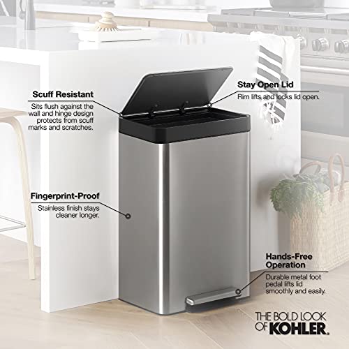 Kohler 13 Gallon HandsFree Kitchen Step, Trash Can With Foot Pedal, QuietClose Lid, Stainless