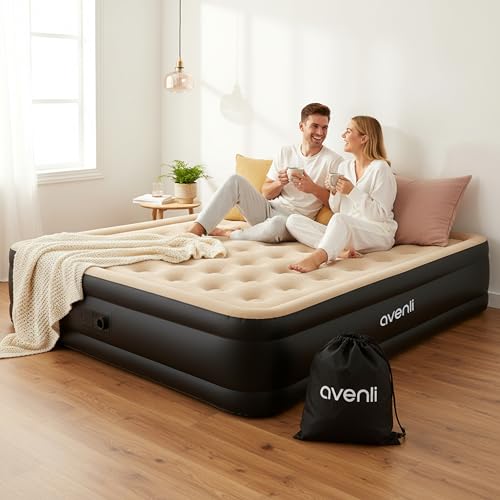 AVENLI Matelas Gonflable 2 Personnes 203x157x47 cm, Lit Gonflable Autogonflant Double avec Pompe Électrique Intégrée, Matelas pour Camping & Lit d'Appoint, Coil-Beam, Beige