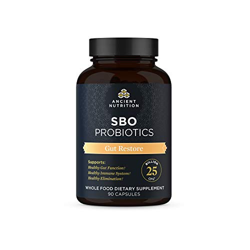 Probiotics by Ancient Nutrition, SBO Probiotics Gut Restore 90 Ct, Promotes Gut Health, Digestive and Immune Support, Gluten Free, Superfoods Blend, 25 Billion CFUs* Per Serving, 90 Capsules