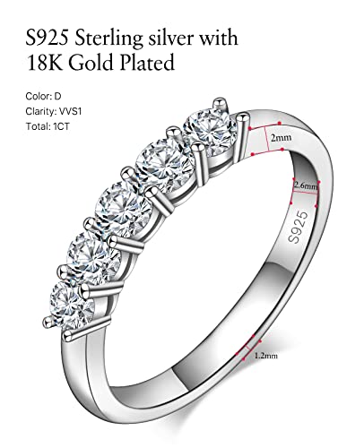 FCINOS 5 Stones Half Eternity Ring for Women, S925 Moissanite Stackable Engagement Ring, Promise Wedding Bands Sterling Silver Ring, Clarity Unisex Diamond Simulated Anniversary Rings (7)