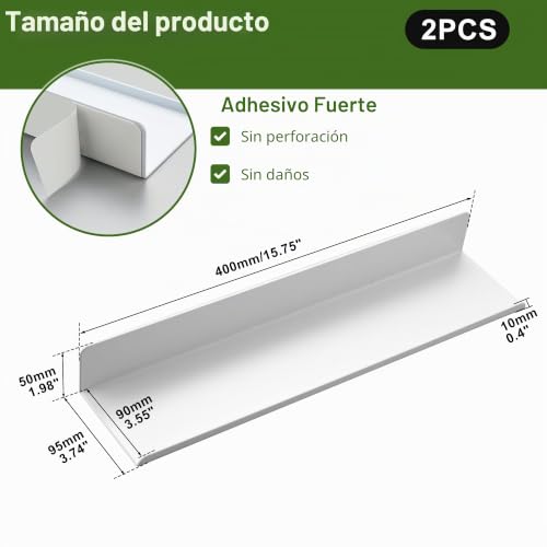 SAYAYO Wall Shelves 2 Pieces, 40 cm Decorative Adhesive Floating Shelves White Shelves, Wall Shelves without Holes for Bedroom, Bathroom, Kitchen, Living Room, Office