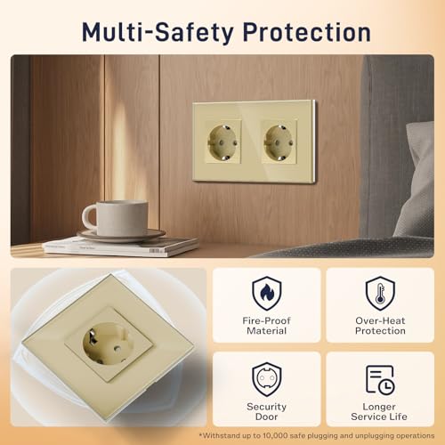 BSEED Schuko Double Socket with Glass Plate, Gold, 16 A, 250 V, Extension Sockets for Kitchen, Bedroom, Office, Hotel, etc.