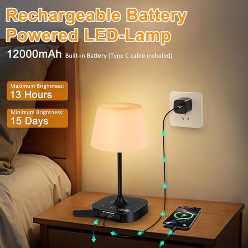Eocean Rechargeable Waterproof Lamp for Shower, 12000mAh LED Cordless Table Bedside Lamp with USB Port, Small Wireless Battery Operated Touch Lamp for Bedroom, Bathroom, Kitchen, Outdoor