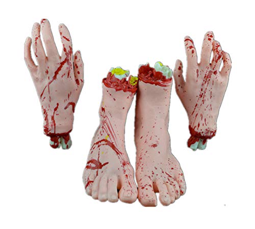 Halloween Decoration Haunted House Scary Fake Bloody Broken Severed Body Parts Prank Party Props (2 Pieces Feet & 2 Pieces Hands)