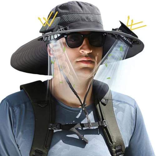 Solar Fan Sun Hat Wide Brim Hat Outdoor Wide Brim Sun Hat with 2 Solar Fan Fishing Hat, Hat UPF 50+, Removable & USB Charging