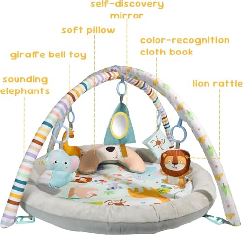 DMG Baby Gym Play Mat with 6 Toys - Multi-Stage Activity Mat for Tummy Time, Lie & Sit Play, Machine Washable Cover with Non-Slip Bottom, Newborn Infant Developmental Toy for Sensory Motor Skills