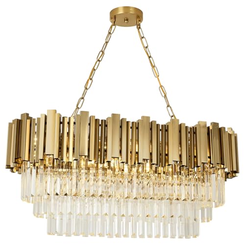 AOOCHOK Modern Gold Crystal Chandelier, Oval Crystal Chandelier, Suitable for Living Room, Dining Room, Bedroom and Restaurant, 80*35cm
