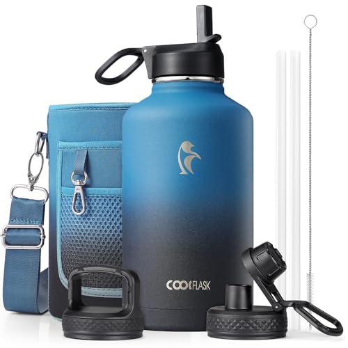 Coolflask Isolierte Wasserflasche 2L, Wasserflasche mit Strohhalm & 3 Deckeln, Isolierte Trinkflasche aus Edelstahl für Sport oder Büro, Doppelt ausla