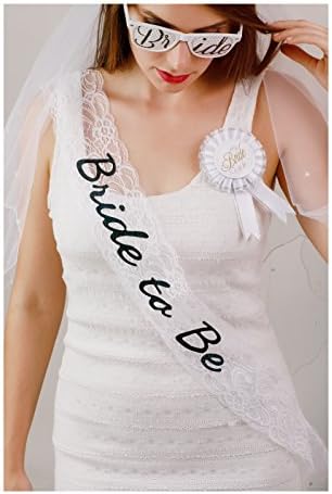 6 piece Bachelorette Party Set, includes Bride To Be rhinestone Tiara, Bride to be Sash, Bride to be Glasses, Double layered bachelorette veil, Bride to be Badge and Free Garter (Lace Sash)