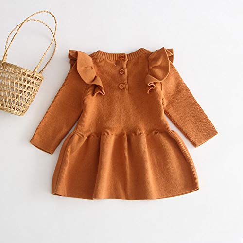 mlpeerw Toddler Baby Girl Knitted Dresses Kids Solid Ruffle Long Sleeve One Piece Dress Fall Winter Warm Sweater Outfits (Yellow,2-3T) - Thumbnail 2
