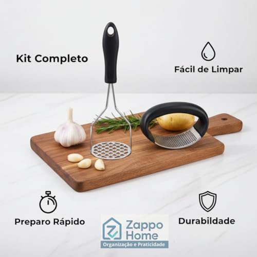 Kit Amassador de Batata + Espremedor de Alho Profissional em Aço Inox – Kit culinário premium para receitas rápidas Resistentes Fácil Limpeza Ideal para Purê Temperos e Receitas Rápidas PREMIUM