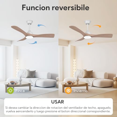 Ceiling Fan with Light and Remote Control 106 cm, Silent DC Motor, 3 Blades Plastic Light Wood Effect, Dimmable LED Ceiling Light, 3 Tones, Modern Low Consumption Fan (Light Wood)