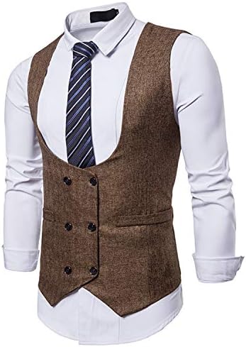 JOLIME Mens Double Breasted Vintage Tweed Herringbone Horseshoe Waistcoat Slim Fit Vest