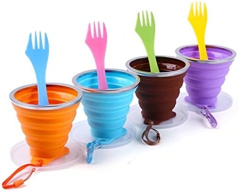 GDLF Collapsible Cup Set with 4 Reusable Sporks, Folding Cup for Coffee Water Drinking, Portable Foldable Cup with Lid for Camping Hiking Backpacking Travel, Silicone BPA Free 9.22oz
