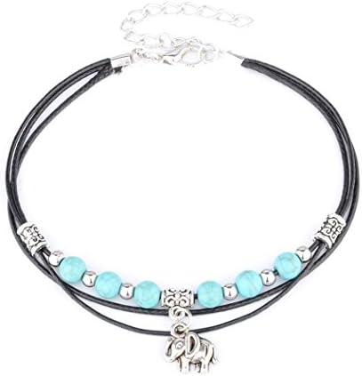 UHANGETH Turquoise Beaded Layering Armlet Bracelet Anklet Chain Beach Foot Jewelry For Women (Elephant Tassel)