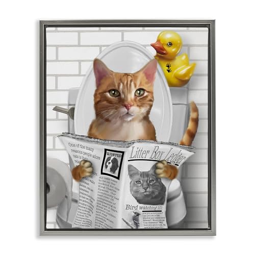 'Cat on Toilet with Ducky'| Floating Frame Canvas Art