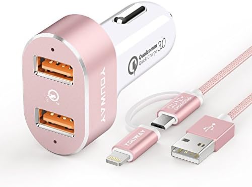 Car Charger Adapter, Quick Charge 3.0 36W Rapid Dual usb Ports,With 2-in-1 lightning micro usb cable 3ft for iPhone X/8/7/6s/Plus/SE,iPad Pro/Air 2,Samsung Galaxy Note S8/S7/Edge/Plus &amp; More-ROSE GOLD