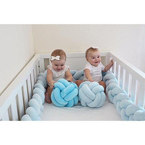 LOAOL Baby Crib Bumper Knotted Braided Plush Nursery Cradle Decor Newborn Gift Pillow Cushion Junior Bed Sleep Bumper (2 Meters, Blue)