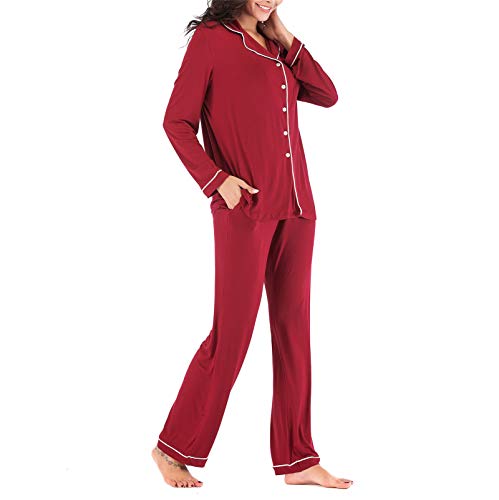 Pajamas Set Long for Women\'s Button Down Sleeve Sleepwear Nightclothes Soft Pj Lounge Sets Red XXL