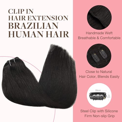 GOO GOO Adhesive Hair Extensions Natural Hair, 40 cm 120 g 7pcs, 1B Natural Black Real Human Hair Extensions