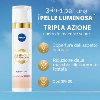 Cellular Luminous630 - Fluido CC Antimacchia SPF30 3-in-1 - CC Cream Tripla Azione - Copre e Riduce le Macchie - Protezione solare viso con colore - Tutti i tipi di pelle - Tono Chiaro - 40 ml