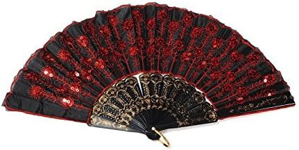 yinxiaoda 1pc Embroidered Flower Pattern Black Cloth Folding Hand Fan for Woman,red
