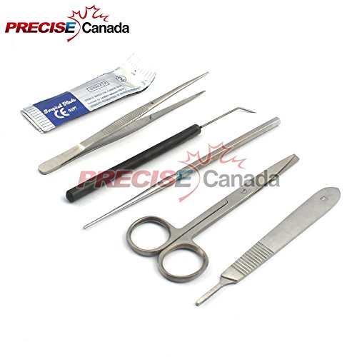 PRECISE CANADA: STUDENT KIT 6 PIECE - PREMIUM QUALITY STAINLESS STEEL TOOLS FOR MEDIC STUDENTS OF ANATOMY, BIOLOGY, VETERINARY, MARINE BIOLOGY WITH CASE AND SCALPEL BLADES INCLUDED FOR FROGS