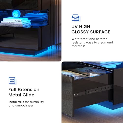 Modern Night Stand with 2 Drawers, Bedside Table with Charger Station, LED Nightstand with Lights & Human Sensor, Smart End Table for Bedroom, Black