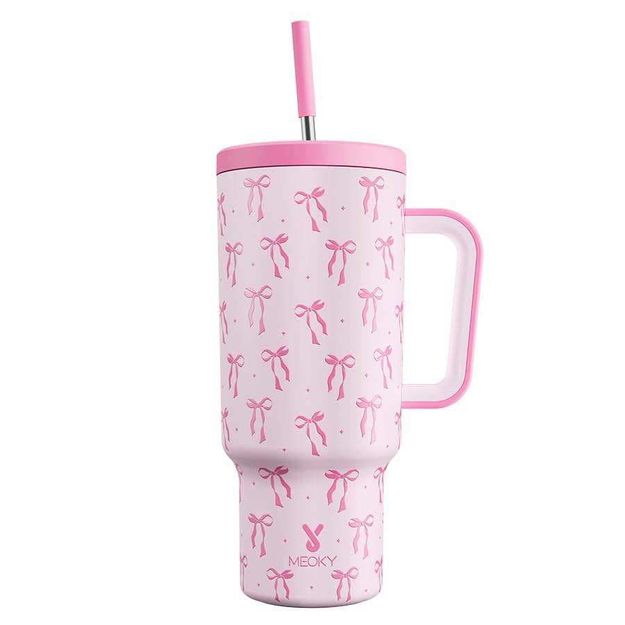 Meoky 40 oz Tumbler with Handle and Straw: Stainless Steel Insulated Tumbler with Lid and Straw - 100% Leak Proof Tumbler for Car Cup Holders - Travelers Commuters Workers, Bow Image Meoky 40 oz Tumbler with Handle and Straw: Stainless Steel Insulated Tumbler with Lid and Straw - 100% Leak Proof Tumbler for Car Cup Holders - Travelers Commuters Workers, Bow Image