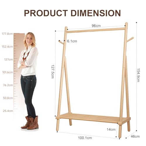 AQIMUELE Wooden Clothes Hanger, Clothes Stand, 46 x 100 x 155 cm, Heavy Duty Easy to Assemble Coat Stand with Shoe Stand (Natural)