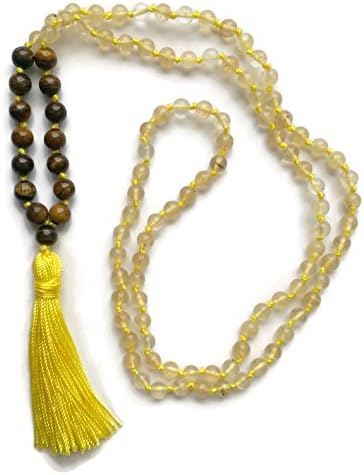 Chakra Collection 8mm Crystal &amp; Tiger Eye Traditional Knotted 108 Meditation Yoga Mala Necklace Solar Plexus Third Chakra (8mm Mala)