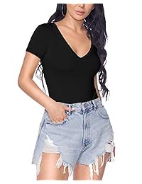 MANGOPOP - Body de manga corta con cuello en V para mujer