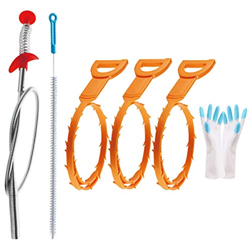 Omont Drain Clog Remover Drain Snake Drain Hair Remover Tool Kit,3 Pack 19.7 Inch Drain Auger 1 Pack 24 Inch Drain Relief 1 Pack 27.5 Inch Drain Cleanning Brush 1 Pair Housework Gloves