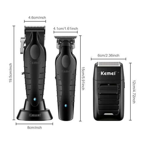 KEMEI Professional Men's Hair Clipper Cordless Hair Clipper with T Blade, Foil Razor, Electric Shaving and Cutting Kit with 11 Guide Combs