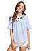 Floerns Women's Flower Embroidery Loose Casual Babydoll Top Blouse Blue White L