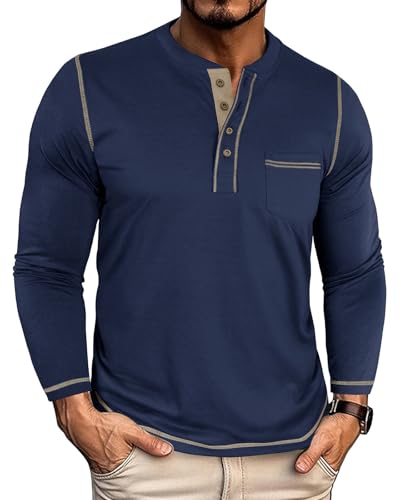 Yawyews Langarmshirt Herren Longsleeve Tshirt Henley Shirt Langarm Baumwolle Männer Longshirt Mit Tasche Blau L