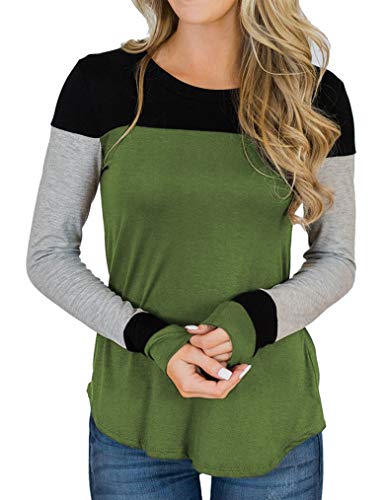 Casual Tops for Women Color Block T Shirts Long Sleeve Blouses Green