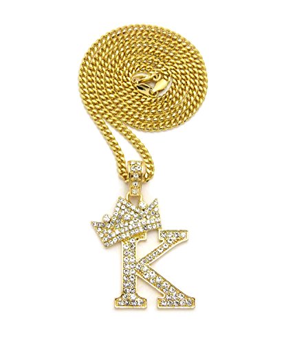 Crown gold rhodium stone initial letters pendant neckla…