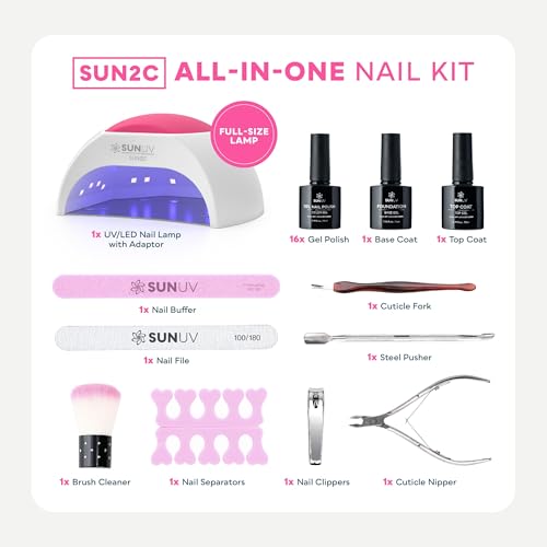 SUNUV Gel Nail Polish Kit with UV Light for Nails SUN2C 16 Colors Gel Polish Sets, Base and Top Coat with 8 PCS Manicure Tools Gift for Women (SUN2CRoseAll-16ColorsUS)
