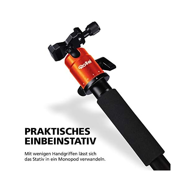 Rollei Compact Traveler No. 1 - leichtes Reisestativ aus Aluminium mit geringem Packmaß von nur 31,5 cm, Arca Swiss kompatibel und inkl. Kugelkopf und Stativtasche, Orange – Bild 5