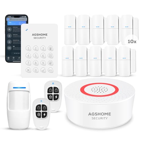 AGSHOME 15-Piece Wireless Home Alarm - Home Burglar Alarm - DIY with Wi-Fi & App Notifications - Includes Siren, 10 Sensors, 2 Remote Controls, 1 Motion Sensor, 1 Keyboard, Compatible with Alexa