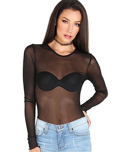 Floerns Women's Long Sleeve Slim Fit See Through Sheer Mesh Top Black M