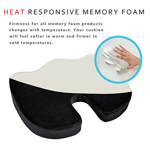 Coccyx Orthopedic Memory Foam Seat Cushion for Office Chair, Car, Wheel Chair and Bleachers, with Handle Anti-Slip Bottom. Relief from Back, Sciatica, Tailbone and Hemorrhoids Pain(Black)