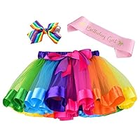 Layered Rainbow Tutu Skirt Costumes Set with Hair Bows Clips and Satin Sash for Girls Birthday Party Dress up