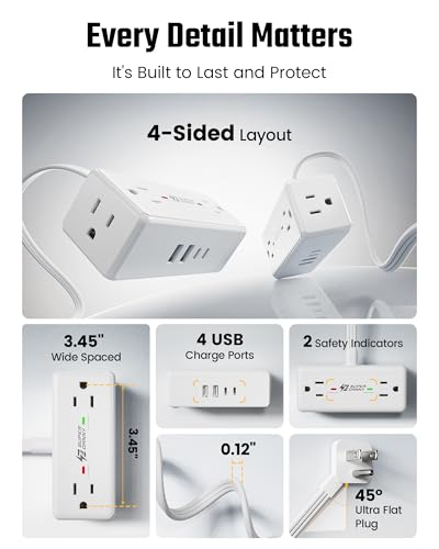 6 Ft Flat Plug Extension Cord with Multiple Outlets, SUPERDANNY Surge Protector Power Bar with 4 Outlets & 4 USB Ports (2 USB C), Small Outlet Extender for Home, Office Supplies, Dorm, Travel, White