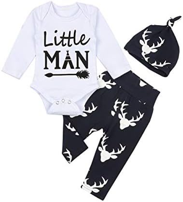 Newborn Baby Boy Clothes Little Man Long Sleeve Romper + Deer Pant + Cute Hat Outfits Set