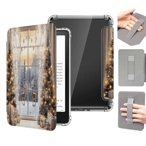 Case for 7'' All-New Kindle Paperwhite 12th Generation and Kindle Colorsoft Signature Edition 2024 Release - Lightweight PU Leather & Clear Back Smart Cover with Hand Strap, Christmas Tree Window