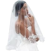 Fubney Bridal Veil 3D Flower Pearls 2 Tier Wedding Veil,Lace Floral Fingertip Length Tulle Veil Short Bride Veil