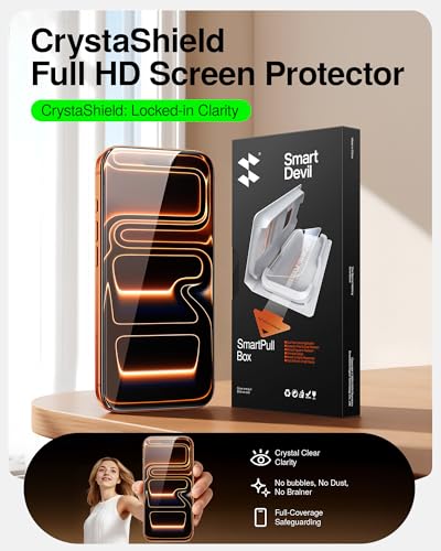 SMARTDEVIL 2-Pack Tempered Glass Screen Protector for iPhone 17 Pro Max, SmartPull Box Bubble-Free Instant Install Applicator, 9H Military-Grade Protection, Case-Friendly
