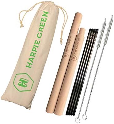 HARPIE GREEN- Pack of 4 Black Stainless Steel 8.5 in Reusable Metal Straws with 2 Wooden Protective Cases, 2 Nylon Cleaning swabs, and 1 Travel case.